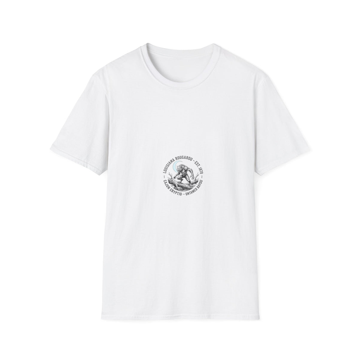 Louisiana Rougarou graphic featuring bayou cryptid crouching on a log beneath a crescent moon with vintage distressed lettering.