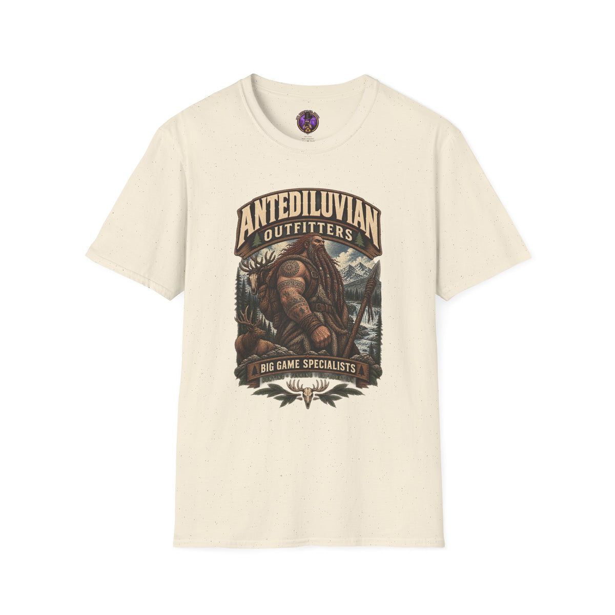 Front view of the Antediluvian Outfitters shirt — Big Game Hunters Retro Graphic Tee.