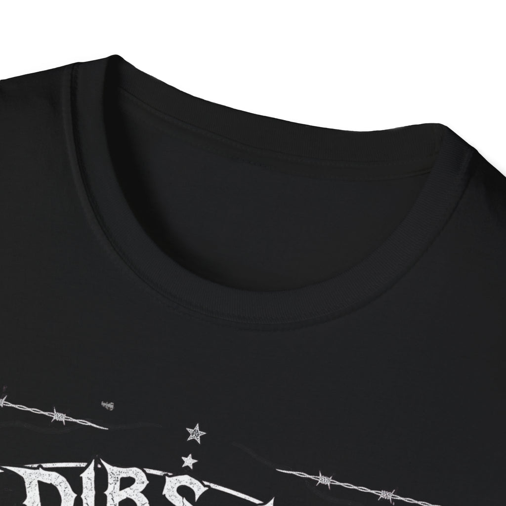 Crew-neck and upper graphic detail of Dibs on the Guitarist T-Shirt.