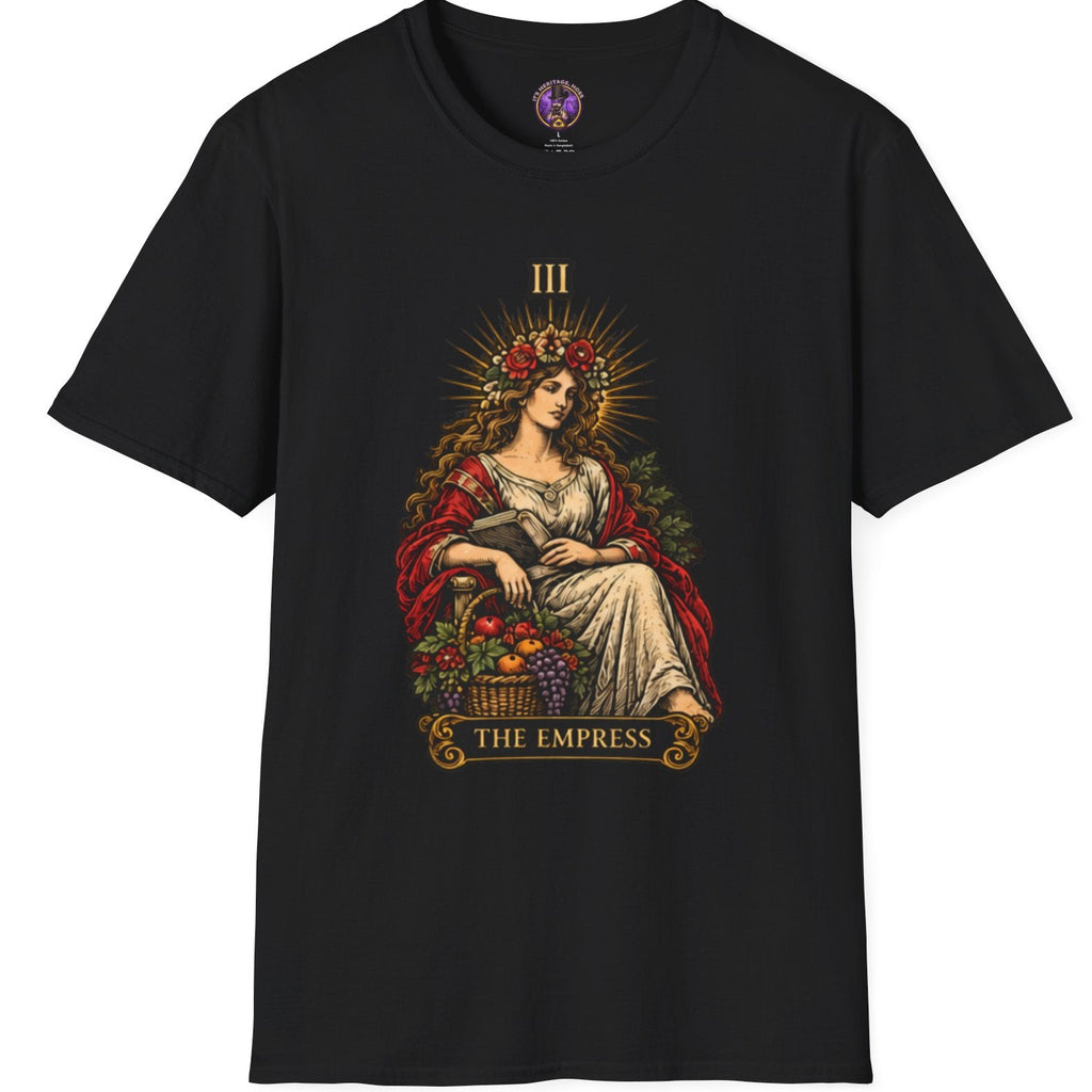 The Empress tarot figure with crown of stars, fruit and floral details