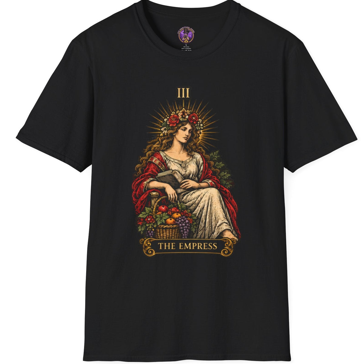 The Empress tarot figure with crown of stars, fruit and floral details
