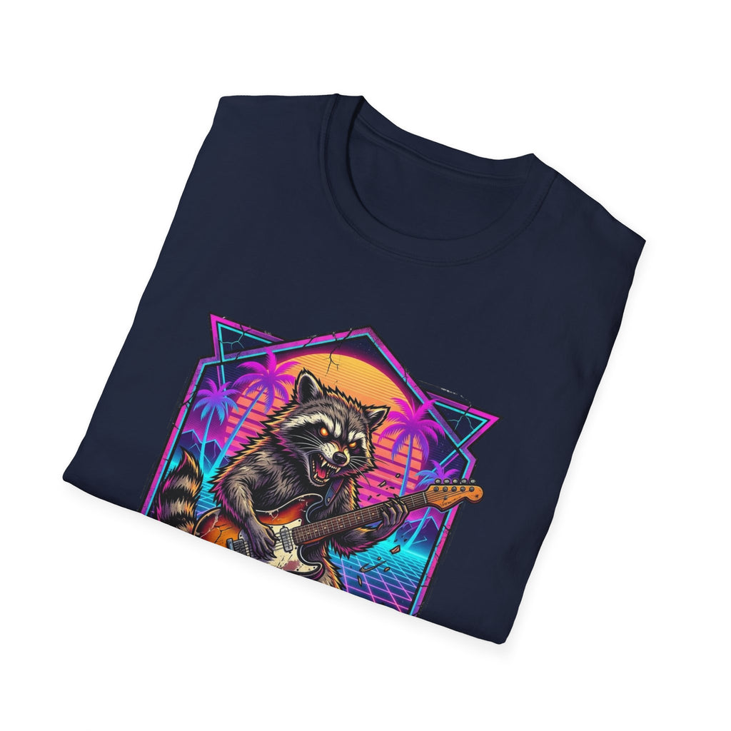 Folded Raccoon Playing Electric Guitar T-Shirt showing its front graphic.