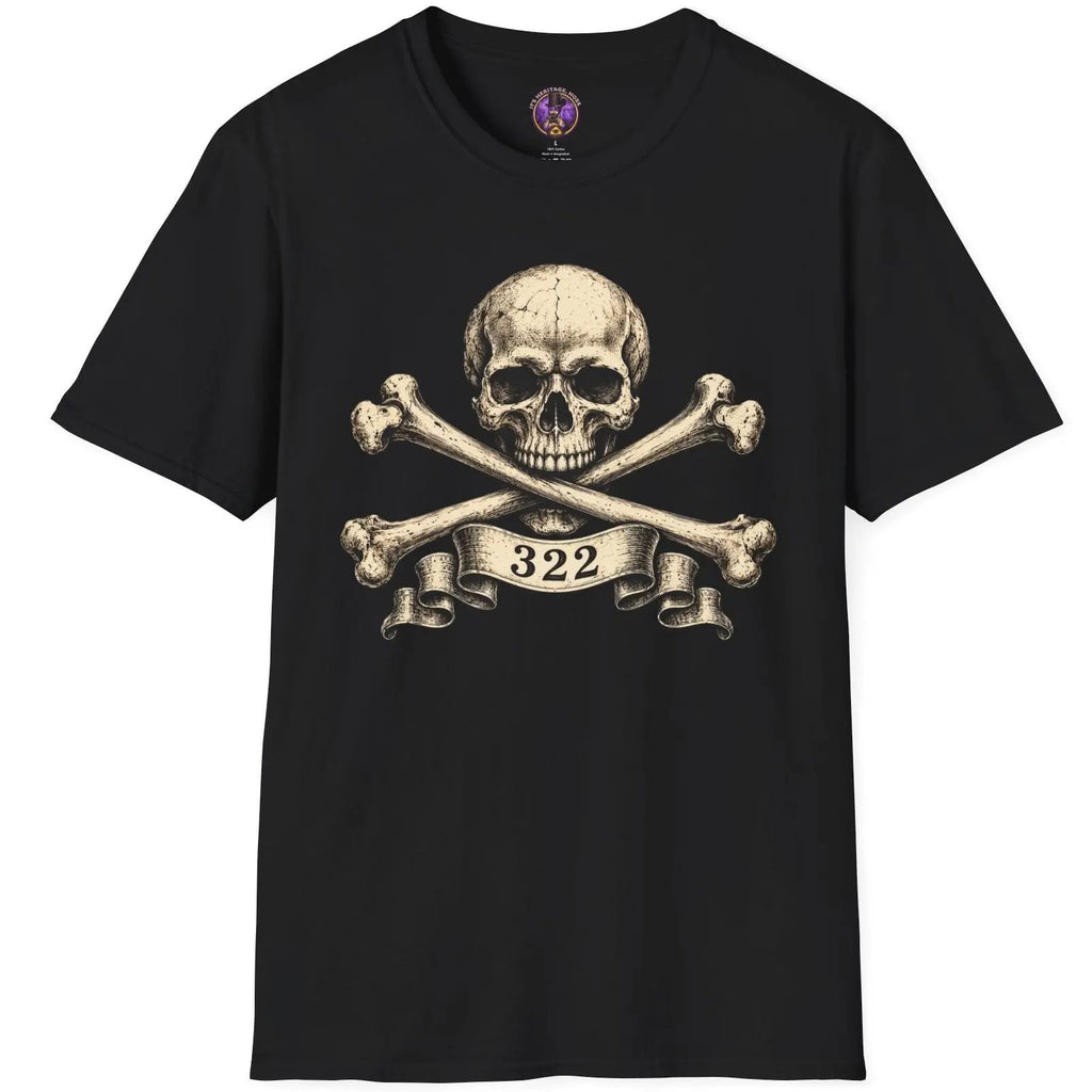 Distressed skull and crossbones emblem with the number 322 in vintage gothic secret society style