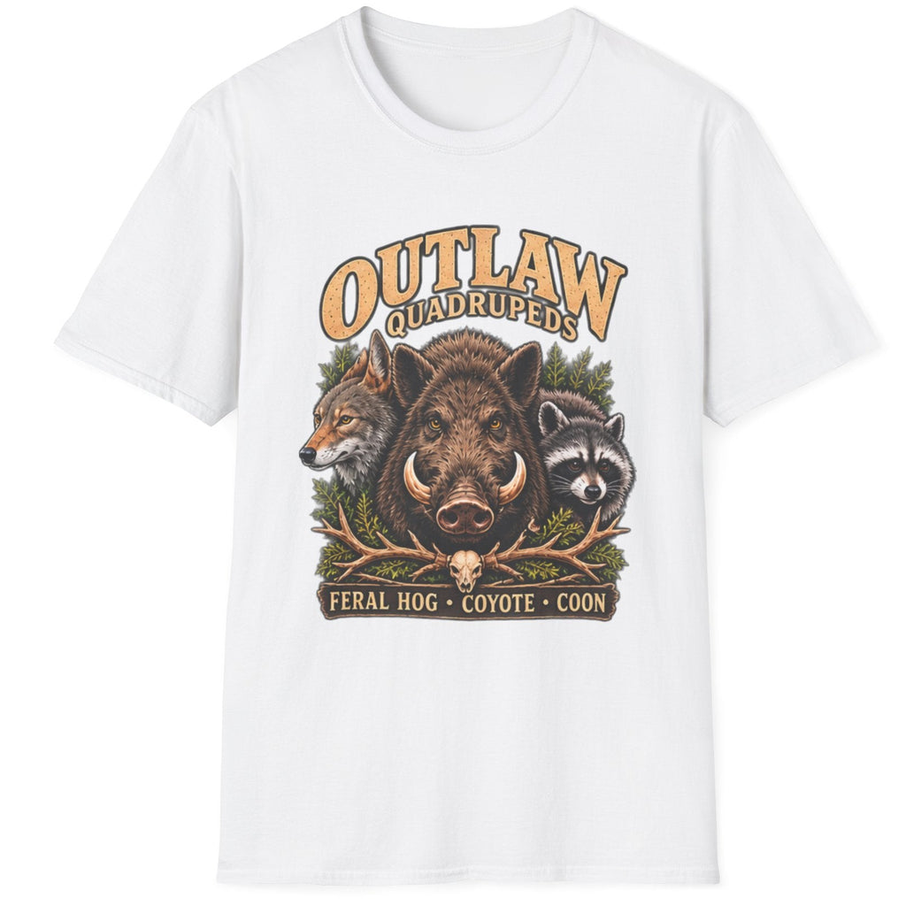 Outlaw Quadrupeds wildlife T-shirt featuring feral hog, coyote and raccoon artwork — product view 1