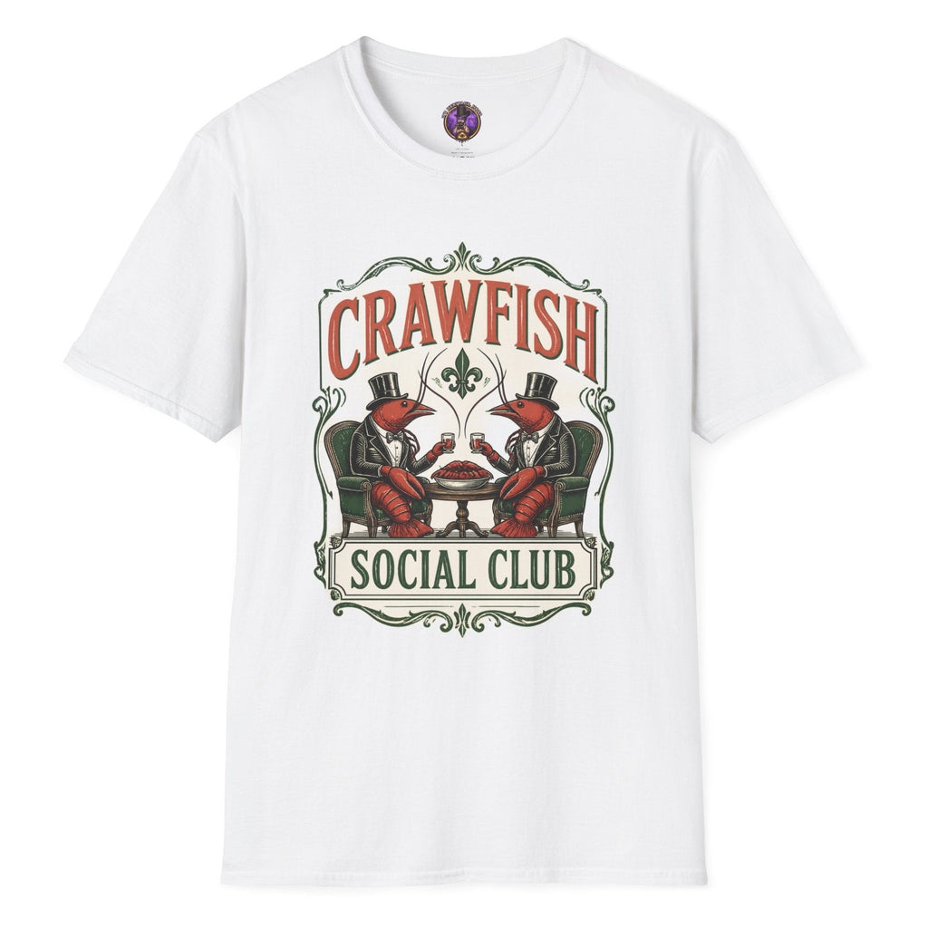 Crawfish Social Club vintage T-shirt graphic with two dapper crawfish in top hats seated at a table with ornate Louisiana-style lettering