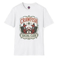 Crawfish Social Club vintage T-shirt graphic with two dapper crawfish in top hats seated at a table with ornate Louisiana-style lettering
