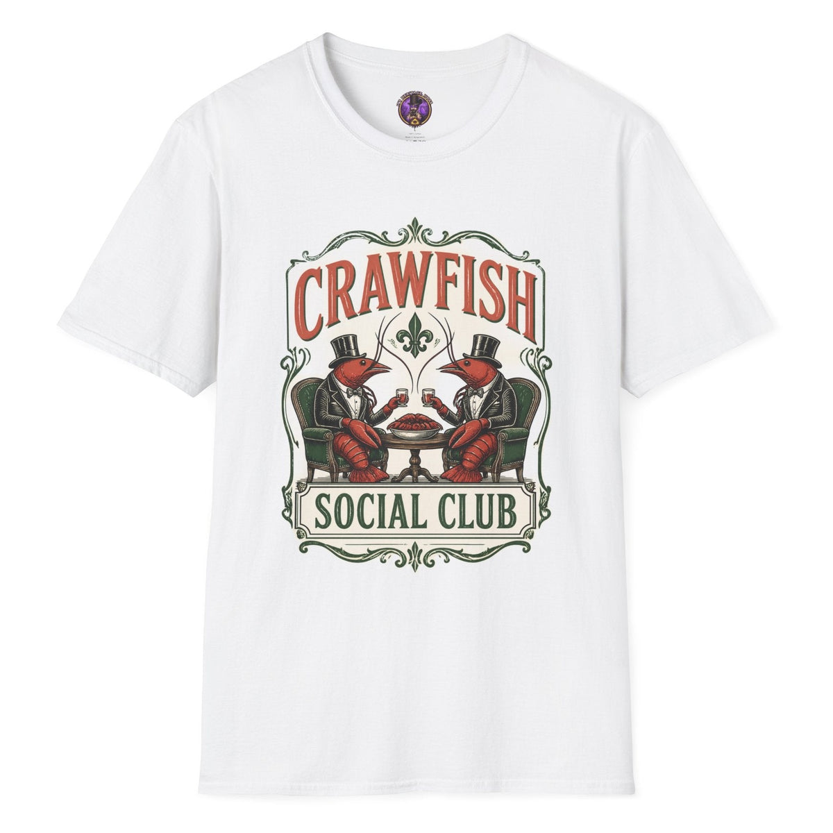 Crawfish Social Club vintage T-shirt graphic with two dapper crawfish in top hats seated at a table with ornate Louisiana-style lettering