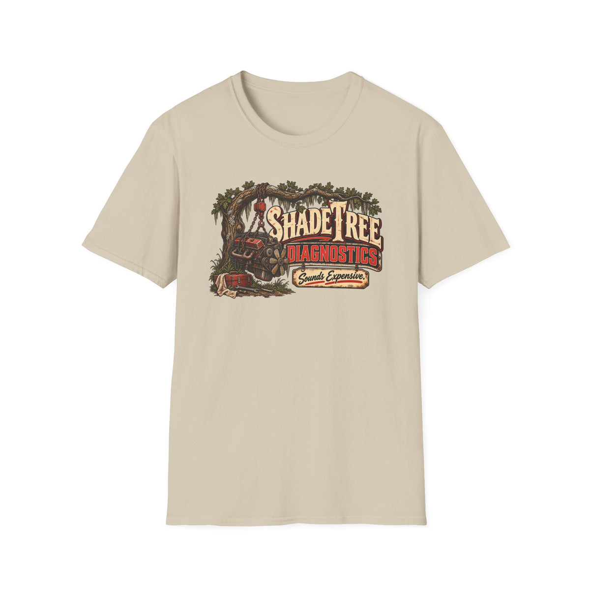 Shade Tree Diagnostics graphic with vintage mechanic-shop artwork on a T-shirt