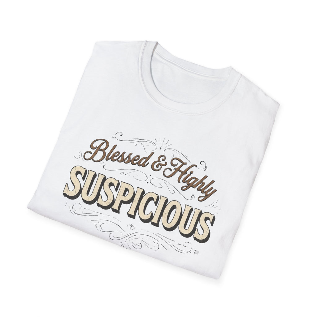 Folded Blessed & Highly Suspicious T-Shirt showing its front graphic.