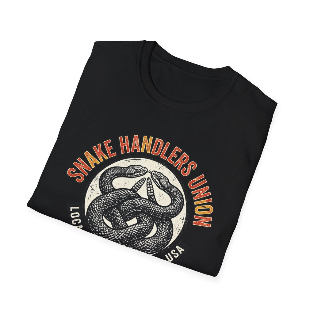 Folded Snake Handlers Union Local 666 T-Shirt showing its front graphic.