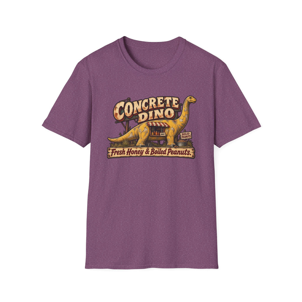 Concrete Dino graphic with yellow roadside dinosaur, honey, and boiled peanuts on a T-shirt