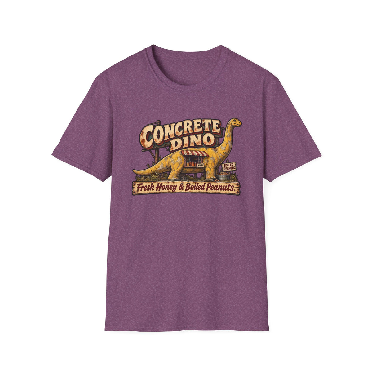 Concrete Dino graphic with yellow roadside dinosaur, honey, and boiled peanuts on a T-shirt