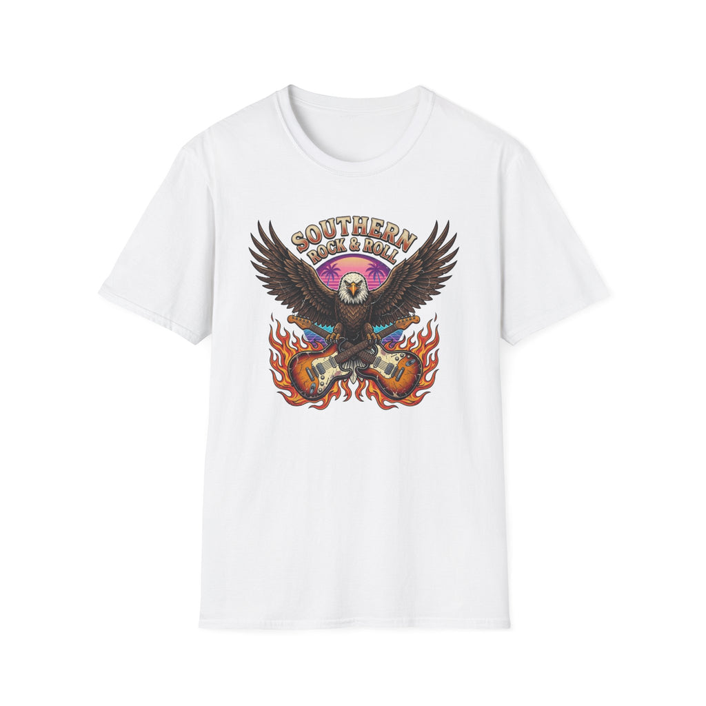 Southern Rock & Roll Eagle T-Shirt front view: A bald eagle spreads its wings above crossed electric guitars, flames, and a sunset beneath Southern Rock & Roll lettering.