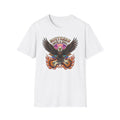 Southern Rock & Roll Eagle T-Shirt front view: A bald eagle spreads its wings above crossed electric guitars, flames, and a sunset beneath Southern Rock & Roll lettering.