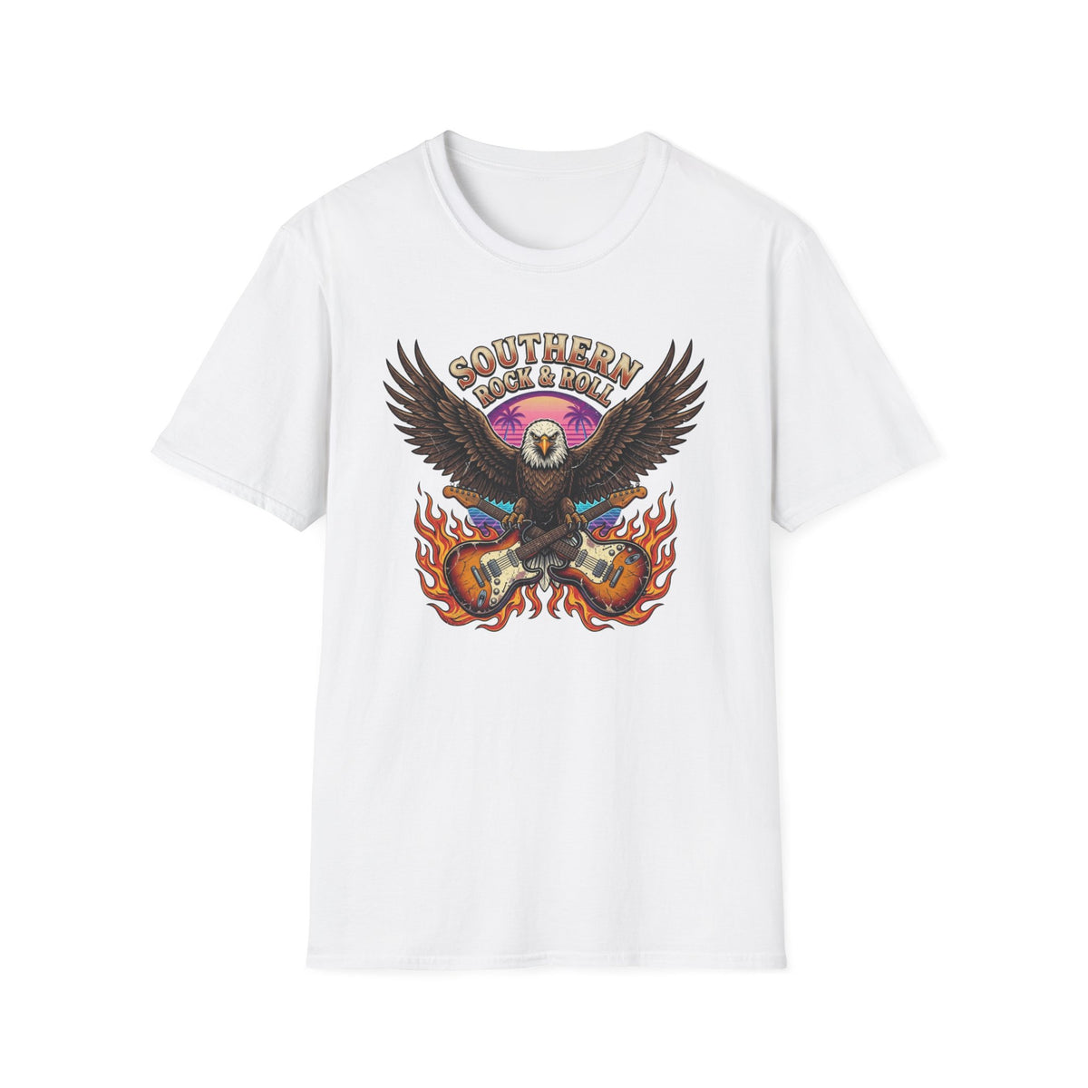 Southern Rock & Roll Eagle T-Shirt front view: A bald eagle spreads its wings above crossed electric guitars, flames, and a sunset beneath Southern Rock & Roll lettering.