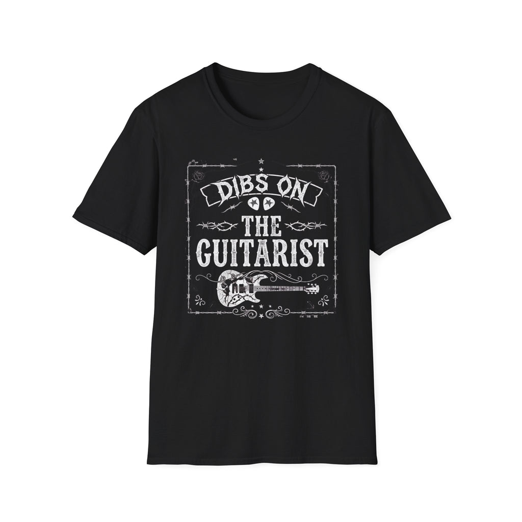 Dibs on the Guitarist T-Shirt front view: Bold Gothic lettering, an electric guitar, and a weathered barbed-wire frame put a darker spin on Dibs on the Guitarist.