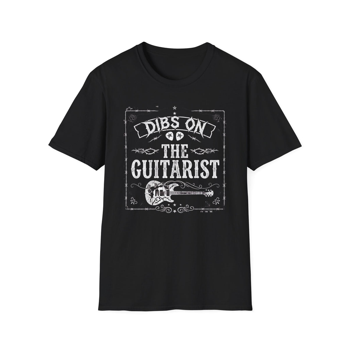 Dibs on the Guitarist T-Shirt front view: Bold Gothic lettering, an electric guitar, and a weathered barbed-wire frame put a darker spin on Dibs on the Guitarist.