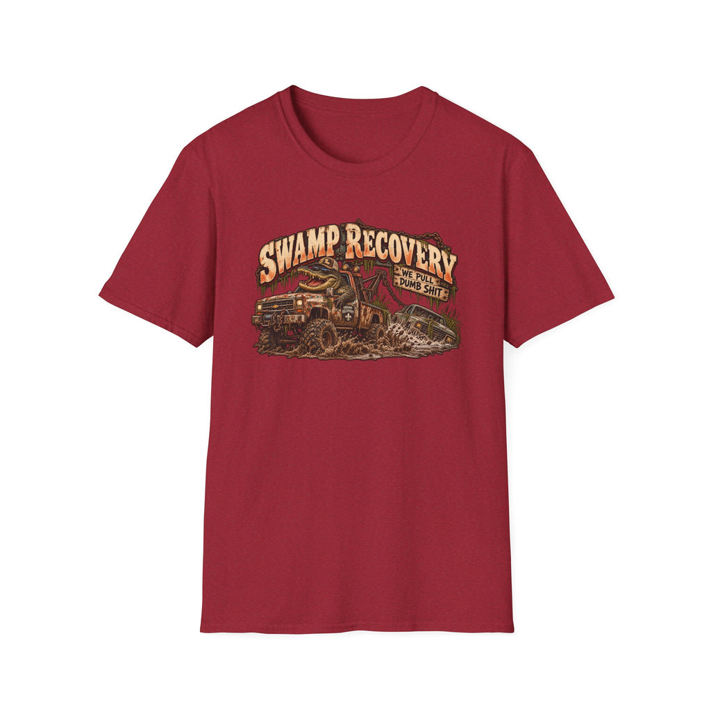Swamp Recovery graphic with muddy vehicle-recovery scene on a T-shirt