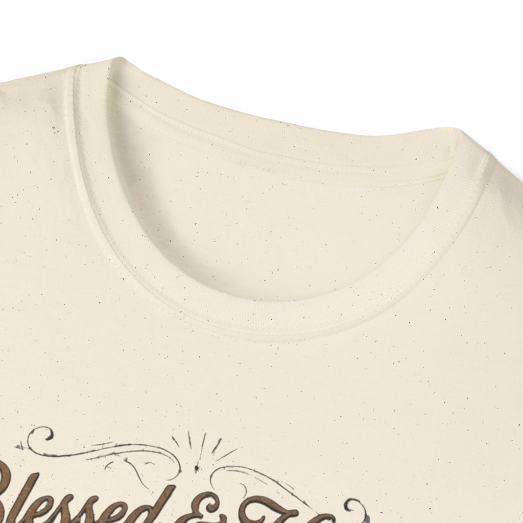 Crew-neck and upper graphic detail of Blessed & Highly Suspicious T-Shirt.