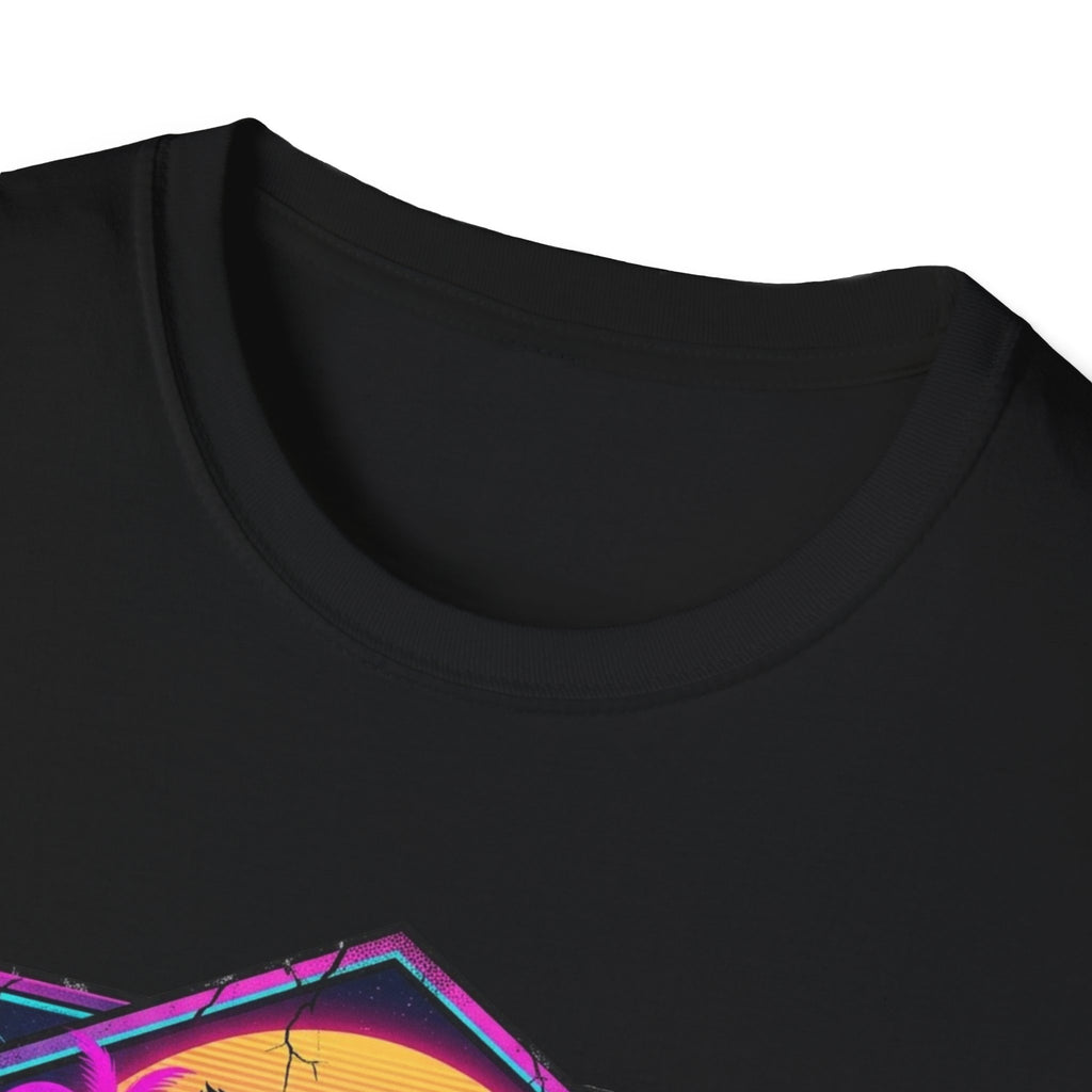 Crew-neck and upper graphic detail of Raccoon Playing Electric Guitar T-Shirt.