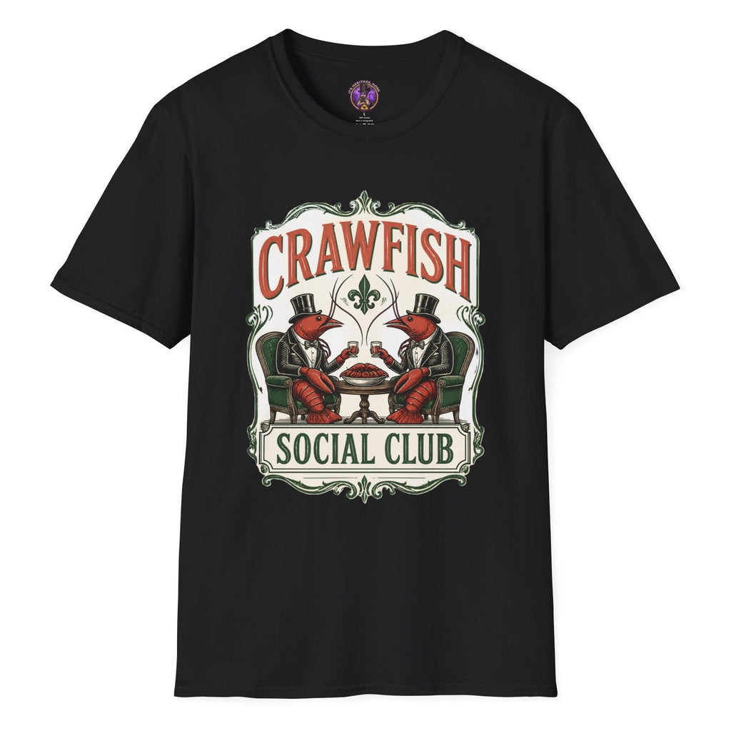 Crawfish Social Club vintage T-shirt graphic with two dapper crawfish in top hats seated at a table with ornate Louisiana-style lettering