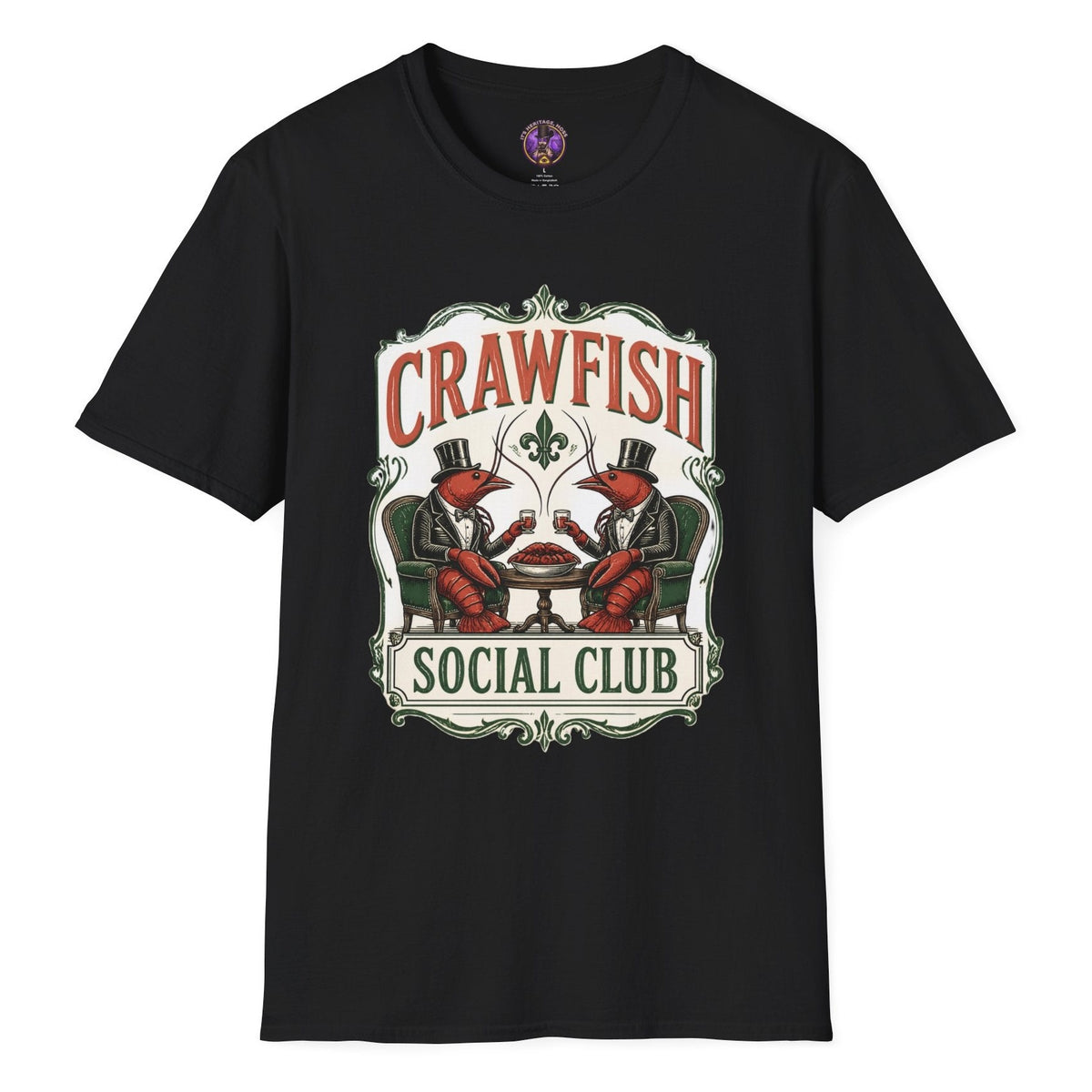 Crawfish Social Club vintage T-shirt graphic with two dapper crawfish in top hats seated at a table with ornate Louisiana-style lettering