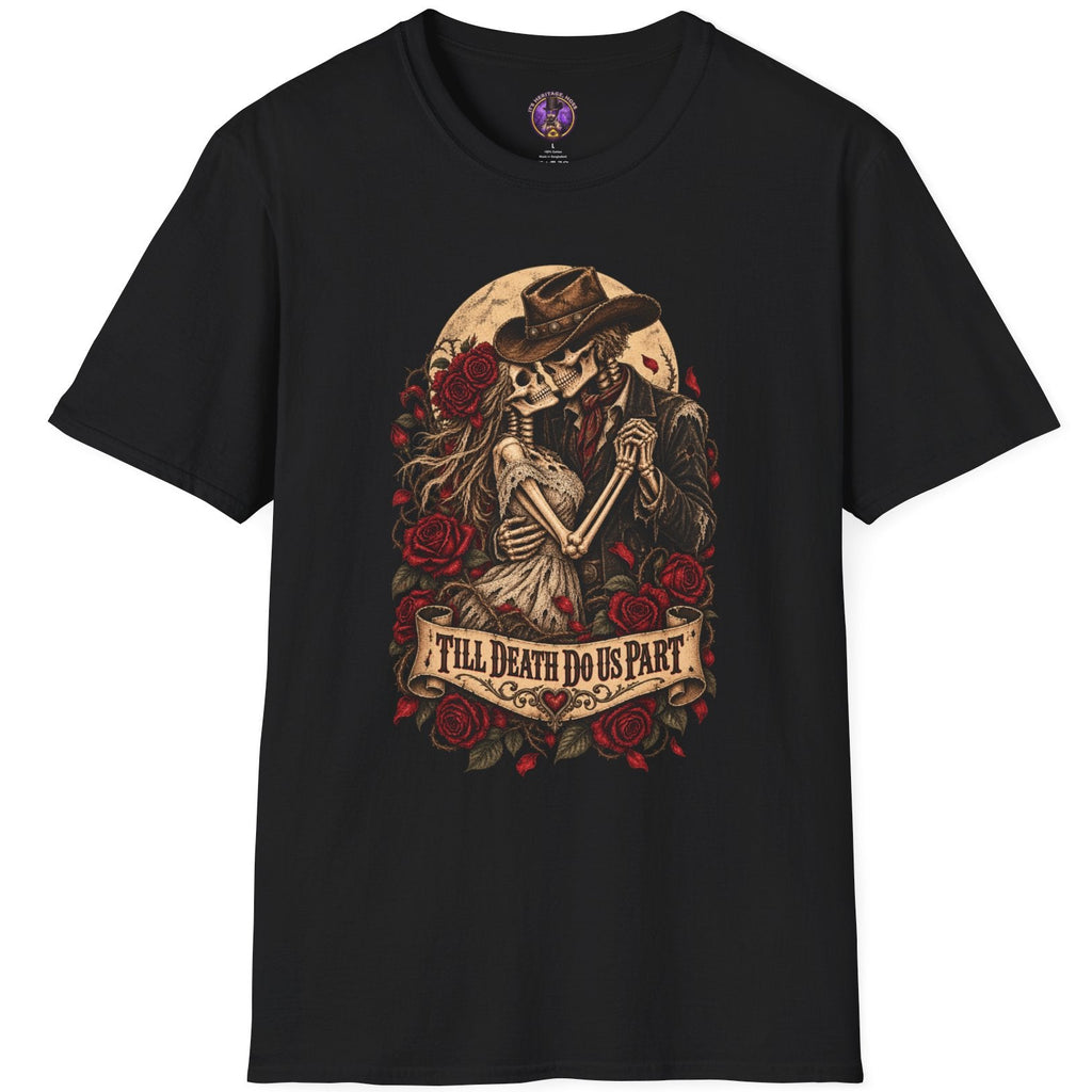Skeleton cowboy and bride embracing among red roses with Till Death Do Us Part banner