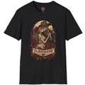 Skeleton cowboy and bride embracing among red roses with Till Death Do Us Part banner
