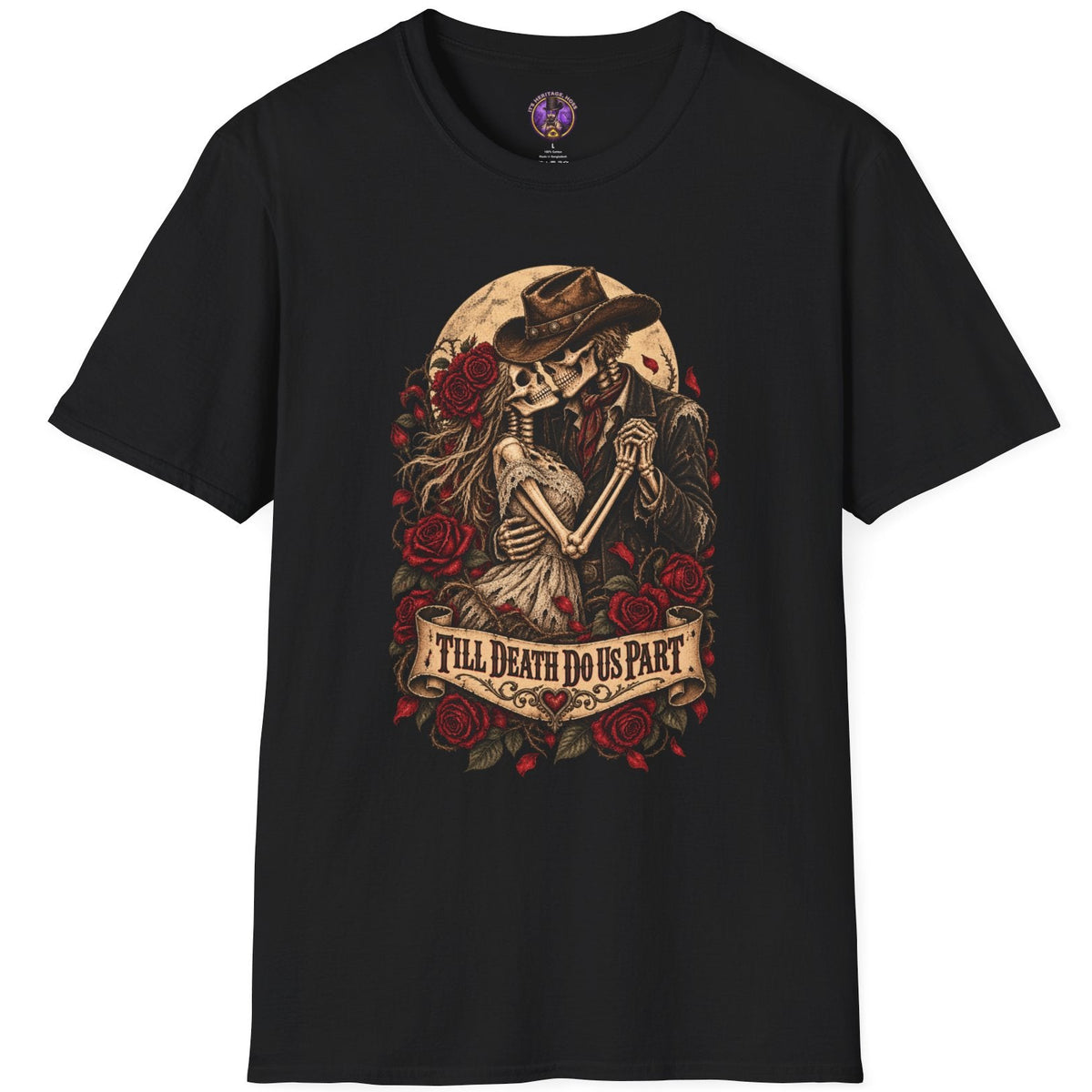 Skeleton cowboy and bride embracing among red roses with Till Death Do Us Part banner
