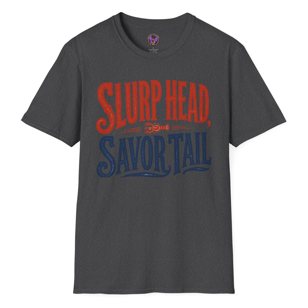 Slurp Head Savor Tail retro crawfish T-shirt graphic celebrating Louisiana Cajun seafood and crawfish boil culture