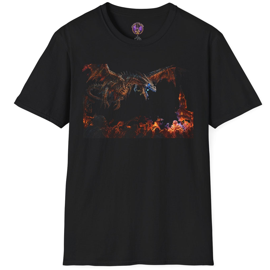Skeletal dragon breathing bright blue fire over an apocalyptic burning gothic town
