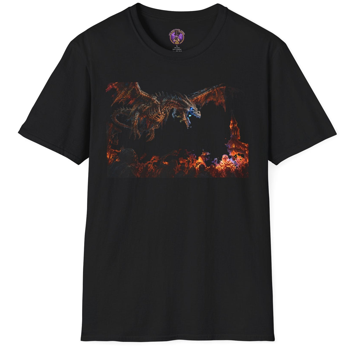Skeletal dragon breathing bright blue fire over an apocalyptic burning gothic town