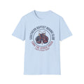 Southern Baptist Boxing Club T-Shirt front view: Old boxing gloves, beads, and a cross sit inside a retro athletic seal.