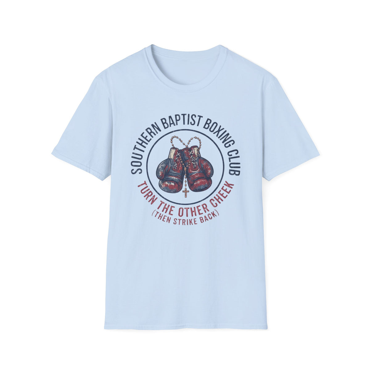 Southern Baptist Boxing Club T-Shirt front view: Old boxing gloves, beads, and a cross sit inside a retro athletic seal.
