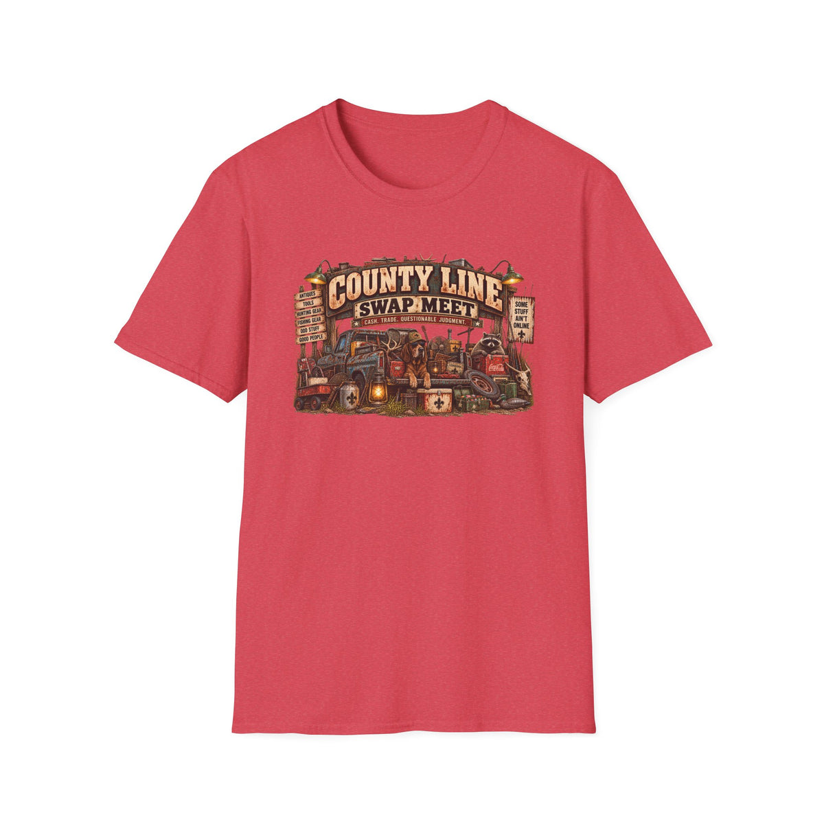 County Line Swap Meet graphic with vintage roadside-market scene on a T-shirt