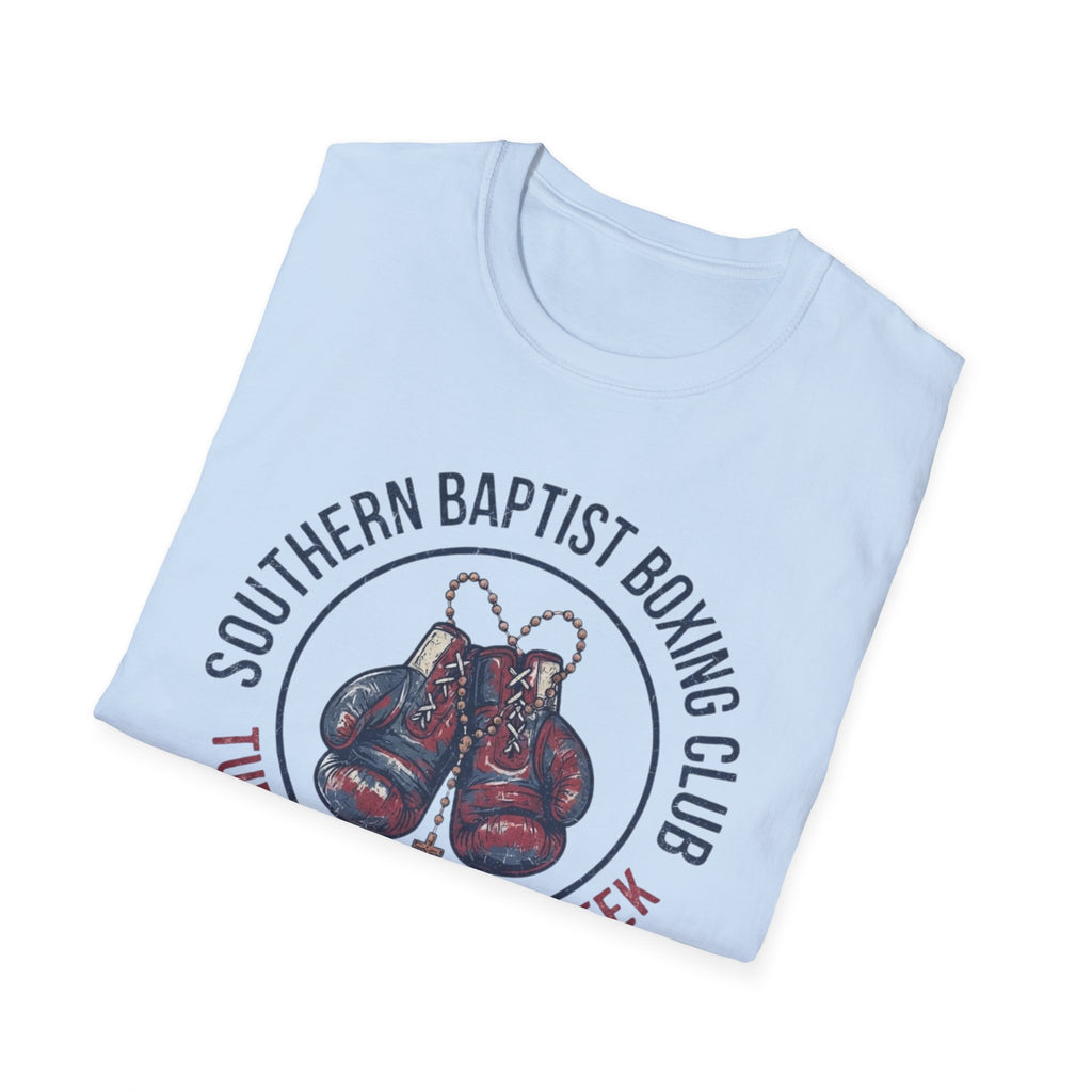 Folded Southern Baptist Boxing Club T-Shirt showing its front graphic.