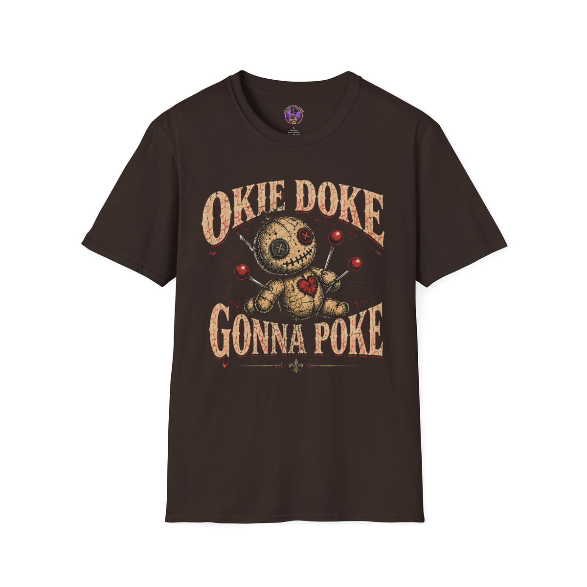 Front view of the Voodoo Doll Tee "Okie Doke Gonna Poke" – Funny Gothic Graphic shirt.