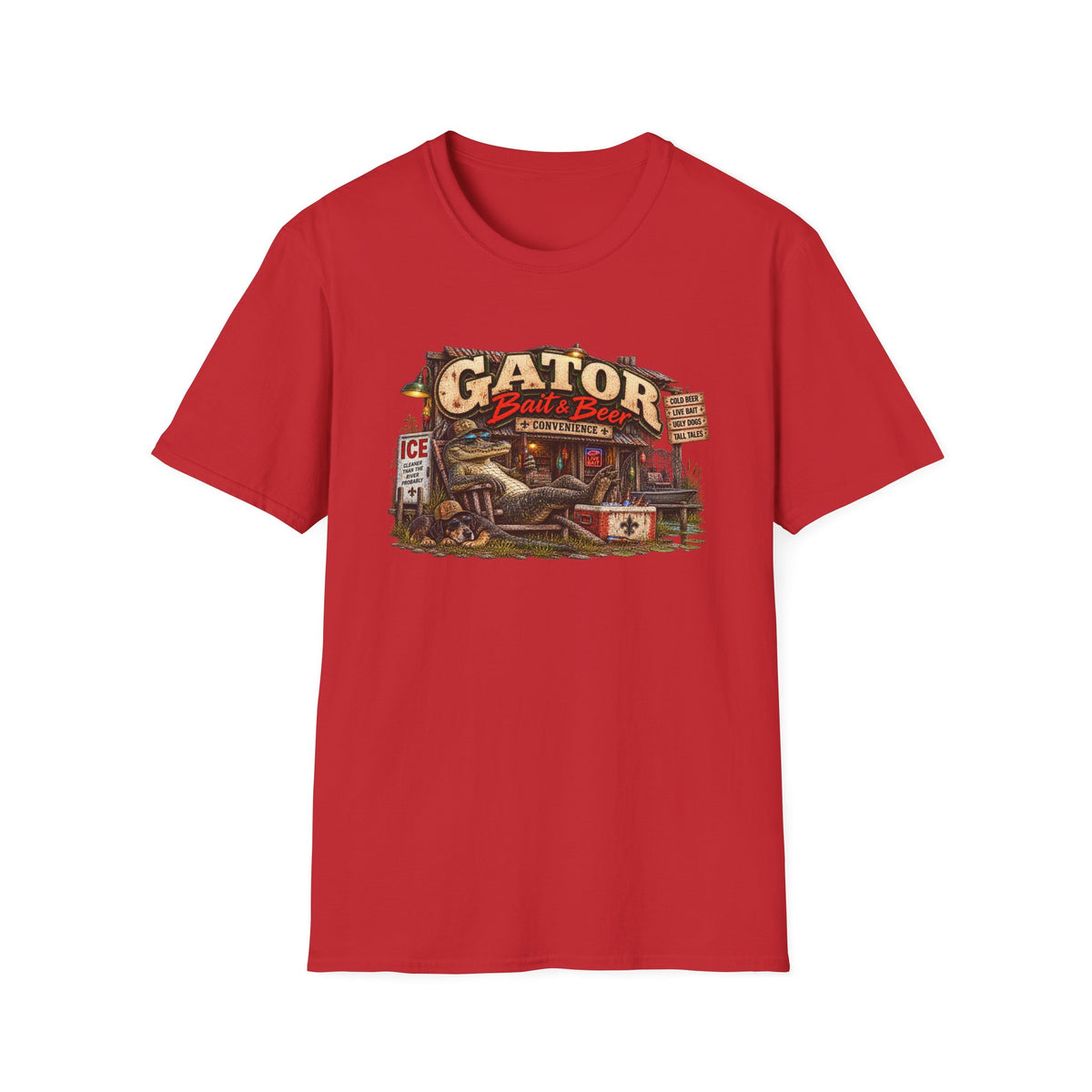 Gator Bait and Beer graphic with alligator and bait-shop scene on a T-shirt