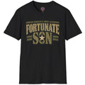 Fortunate Son graphic with distressed military and protest-rock imagery inspired by vintage 1960s rock art.