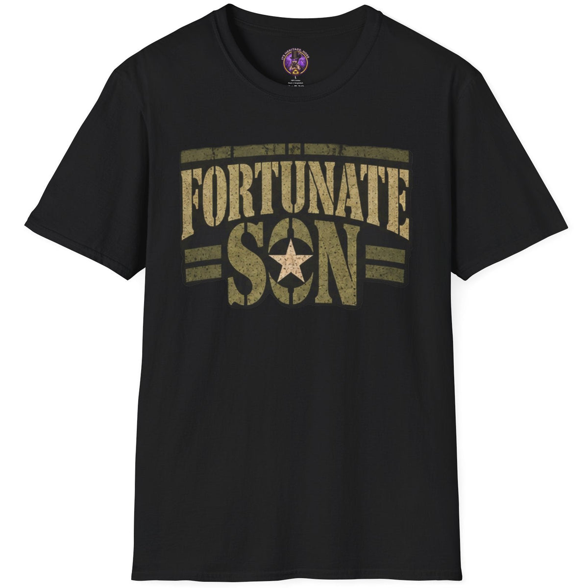 Fortunate Son graphic with distressed military and protest-rock imagery inspired by vintage 1960s rock art.