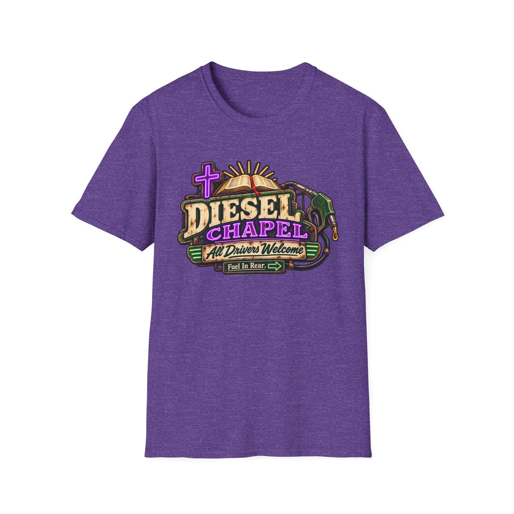 Diesel Chapel graphic with neon cross, open Bible, fuel nozzle, and All Drivers Welcome lettering on a T-shirt