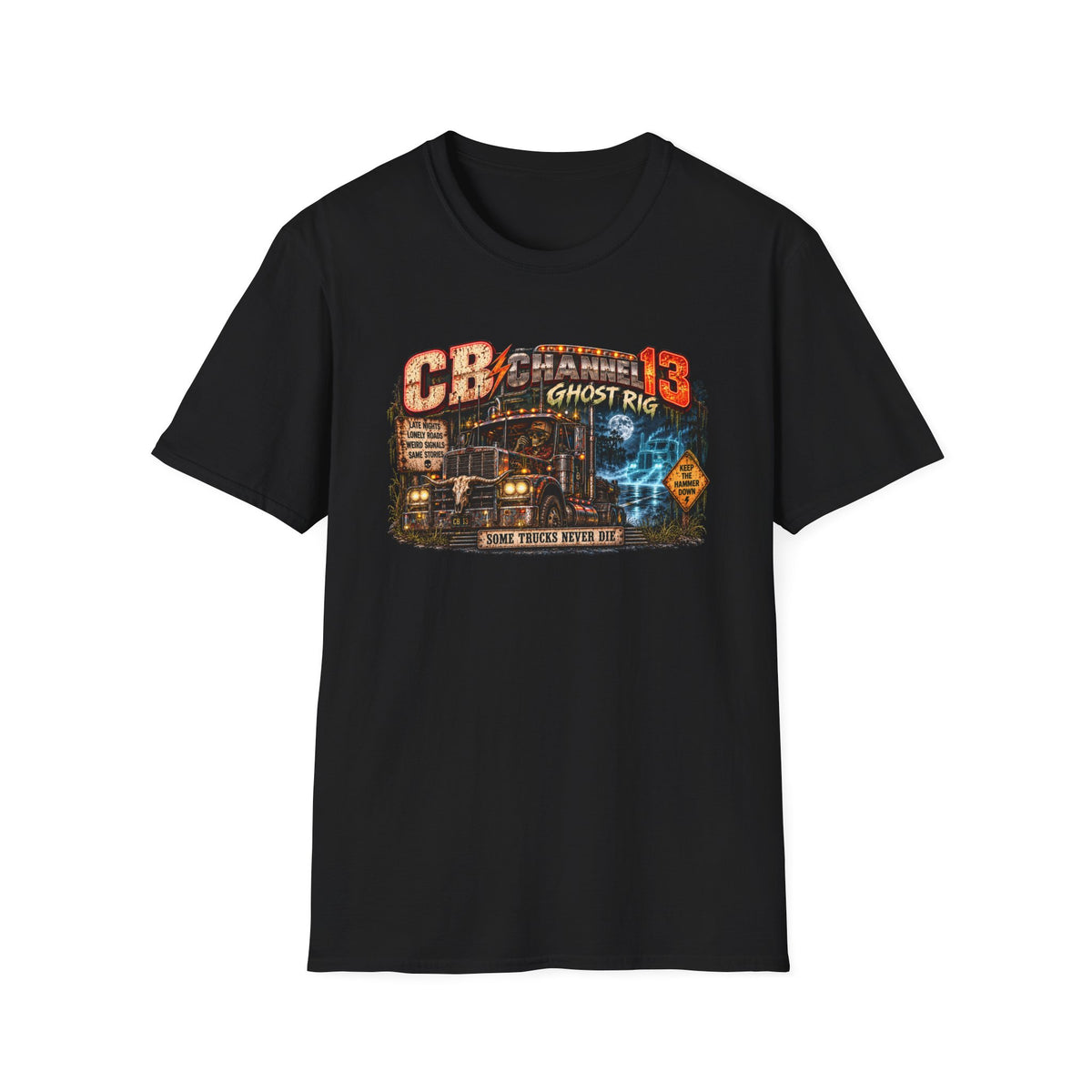 CB Channel 13 graphic with eerie truck-stop and radio scene on a T-shirt