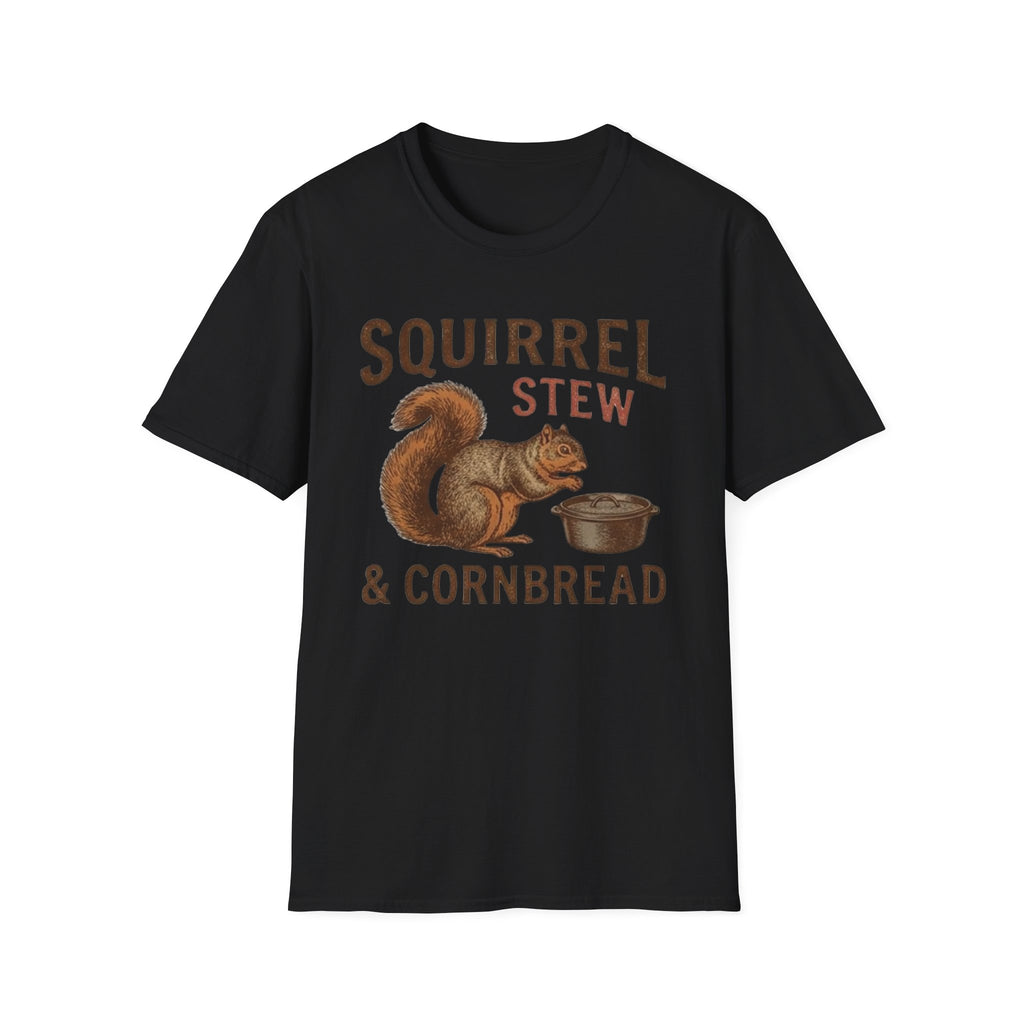Front view of the Squirrel Stew & Cornbread shirt.