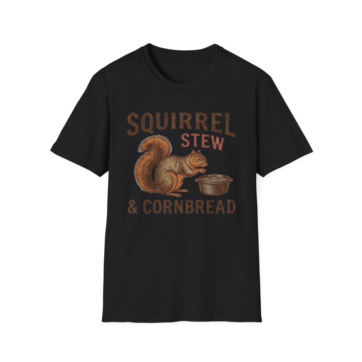 Front view of the Squirrel Stew & Cornbread shirt.