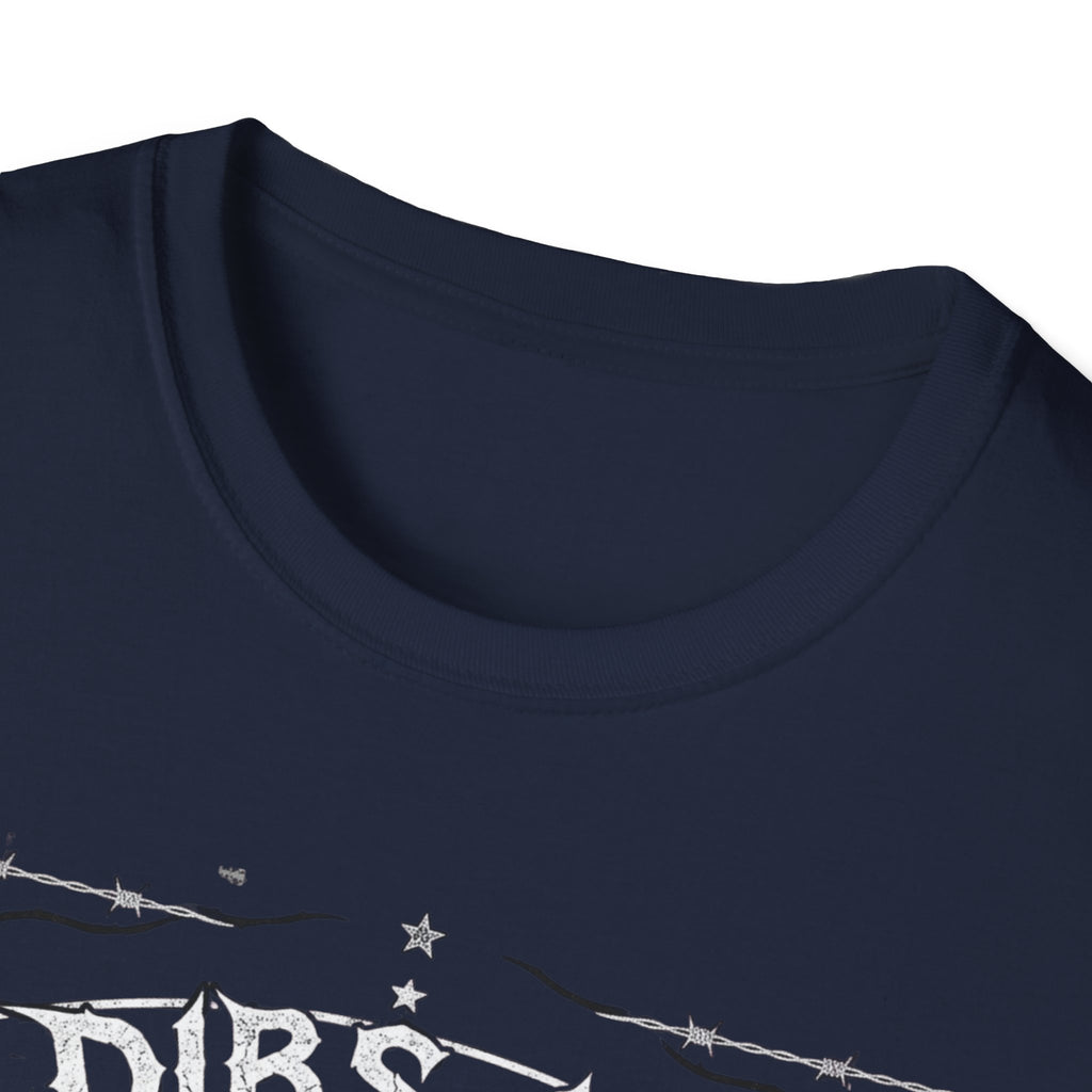 Crew-neck and upper graphic detail of Dibs on the Guitarist T-Shirt.