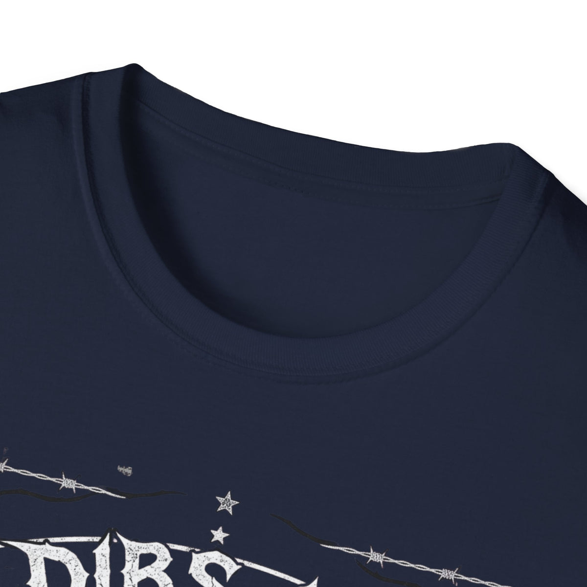 Crew-neck and upper graphic detail of Dibs on the Guitarist T-Shirt.