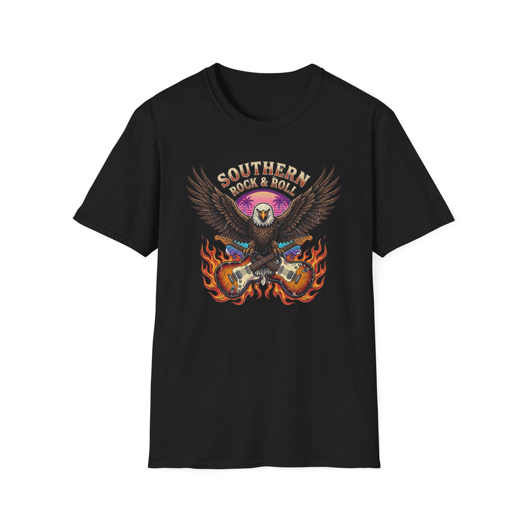 Southern Rock & Roll Eagle T-Shirt front view: A bald eagle spreads its wings above crossed electric guitars, flames, and a sunset beneath Southern Rock & Roll lettering.