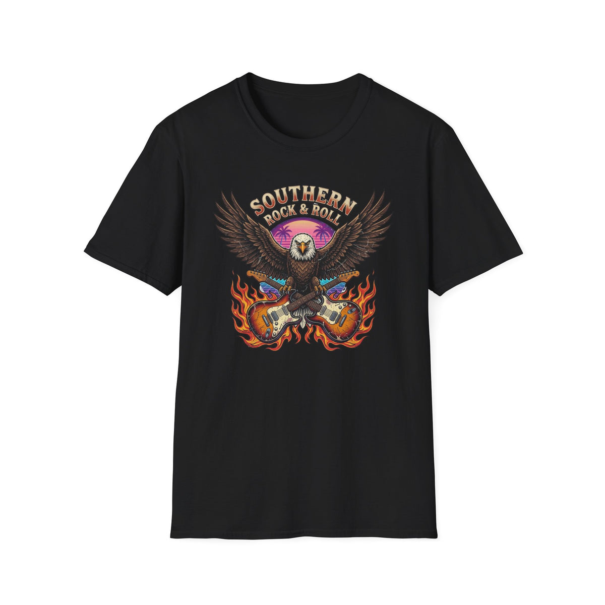 Southern Rock & Roll Eagle T-Shirt front view: A bald eagle spreads its wings above crossed electric guitars, flames, and a sunset beneath Southern Rock & Roll lettering.