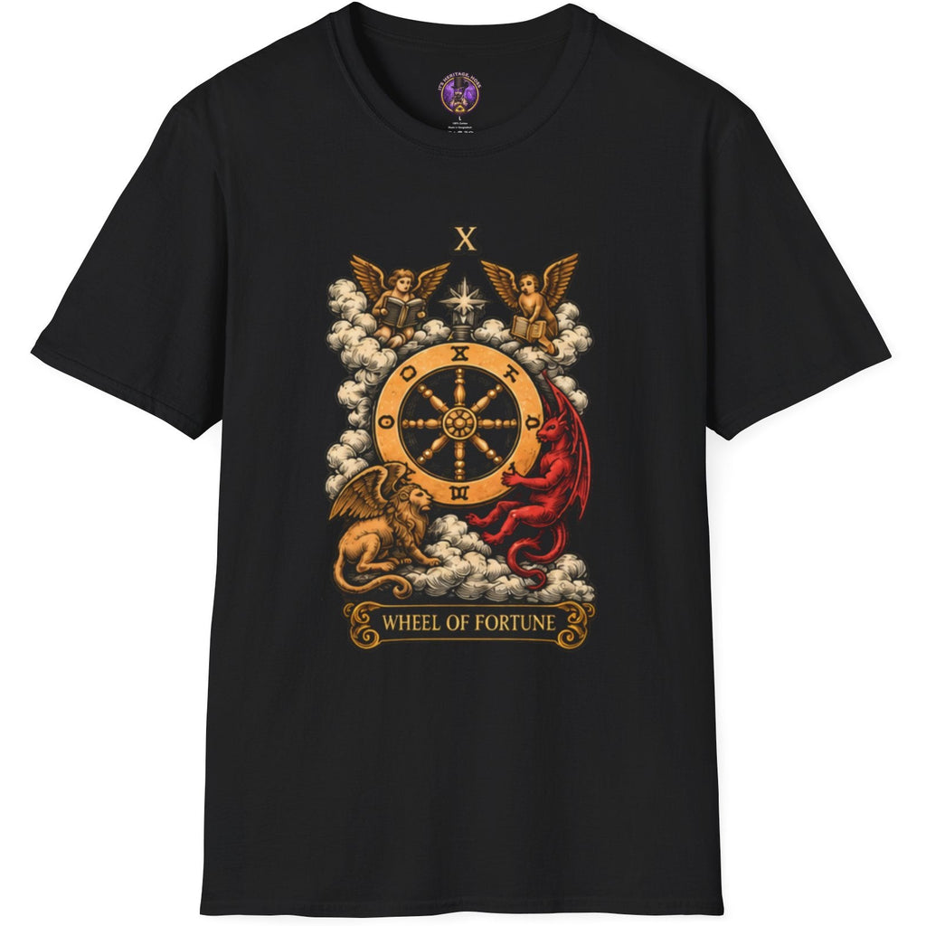 Vintage Wheel of Fortune tarot illustration with sphinx and winged figures on a T-shirt