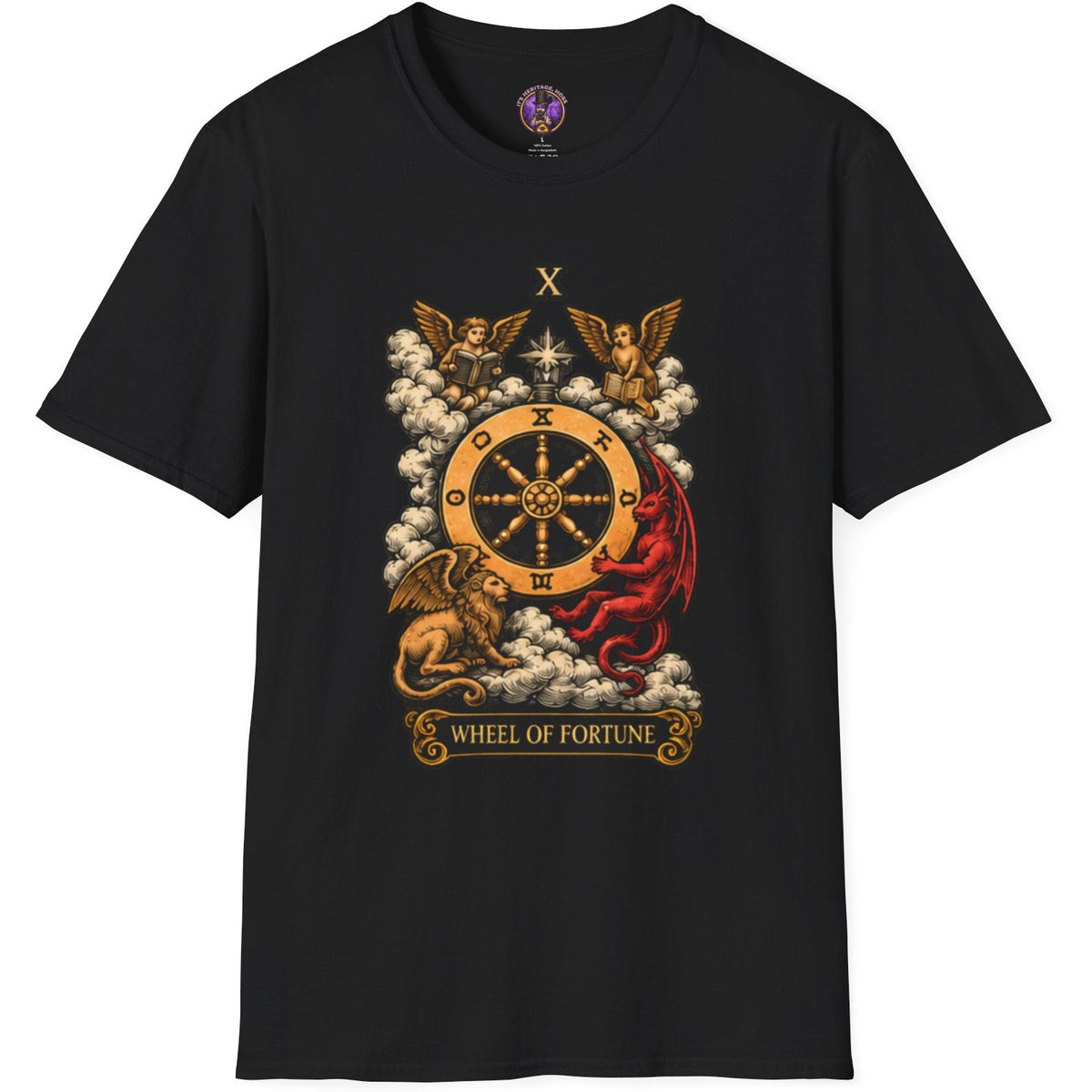 Vintage Wheel of Fortune tarot illustration with sphinx and winged figures on a T-shirt